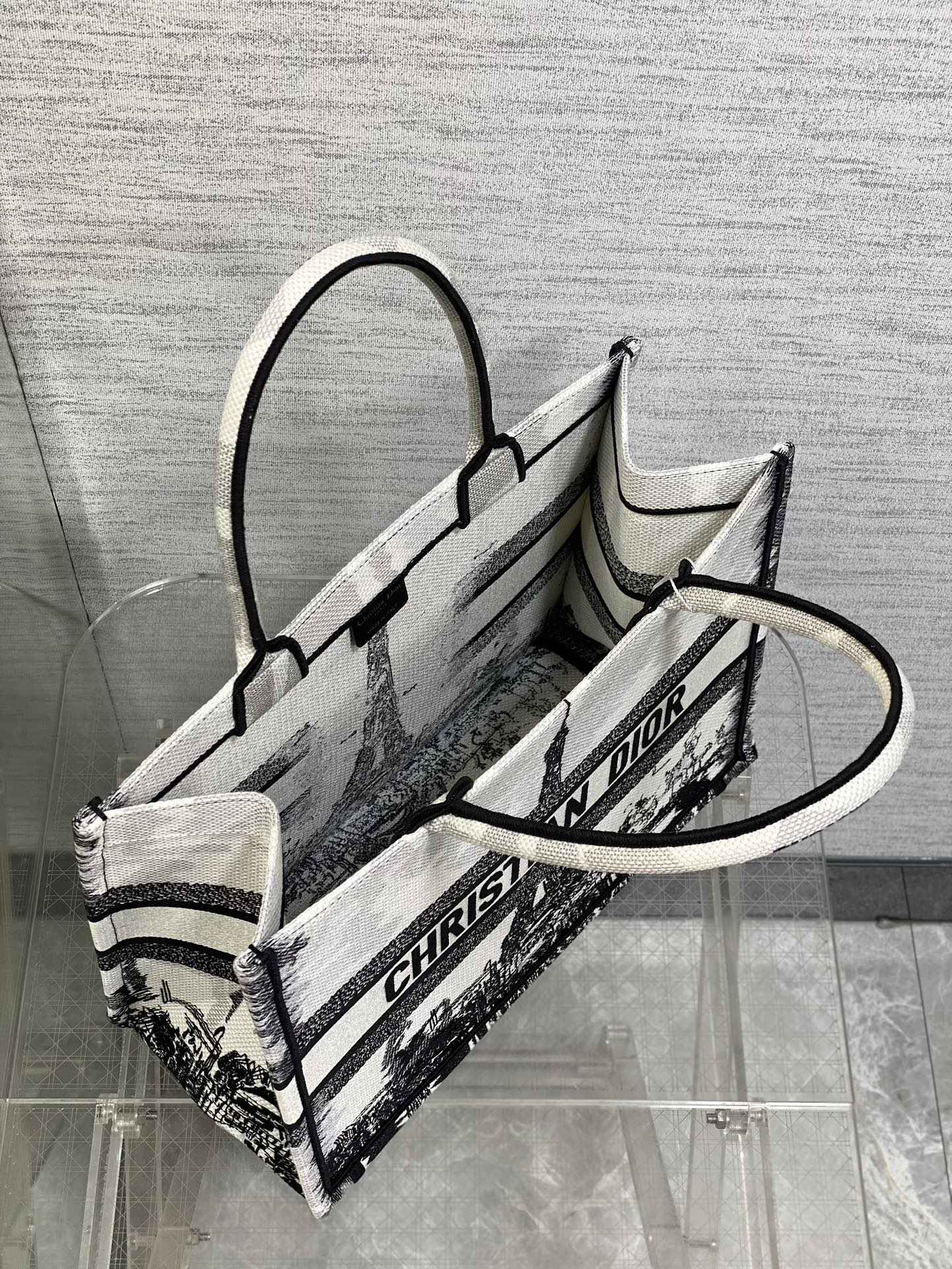 Medium Dior Book Tote Bag White and Black Paris Embroidery